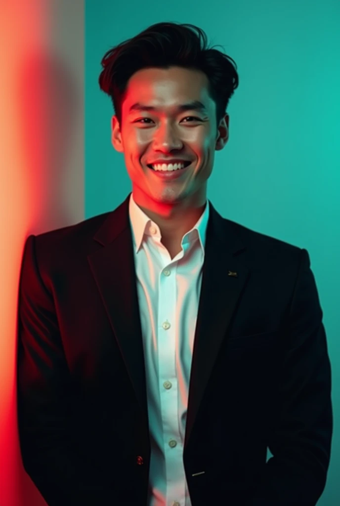@মোঃ সাইফুল ইসলাম:A young man with dark hair and a confident smile. He is dressed in a black blazer over a white shirt. The man is positioned against aqua colour backdrop with a subtle red lighting on the left side. an