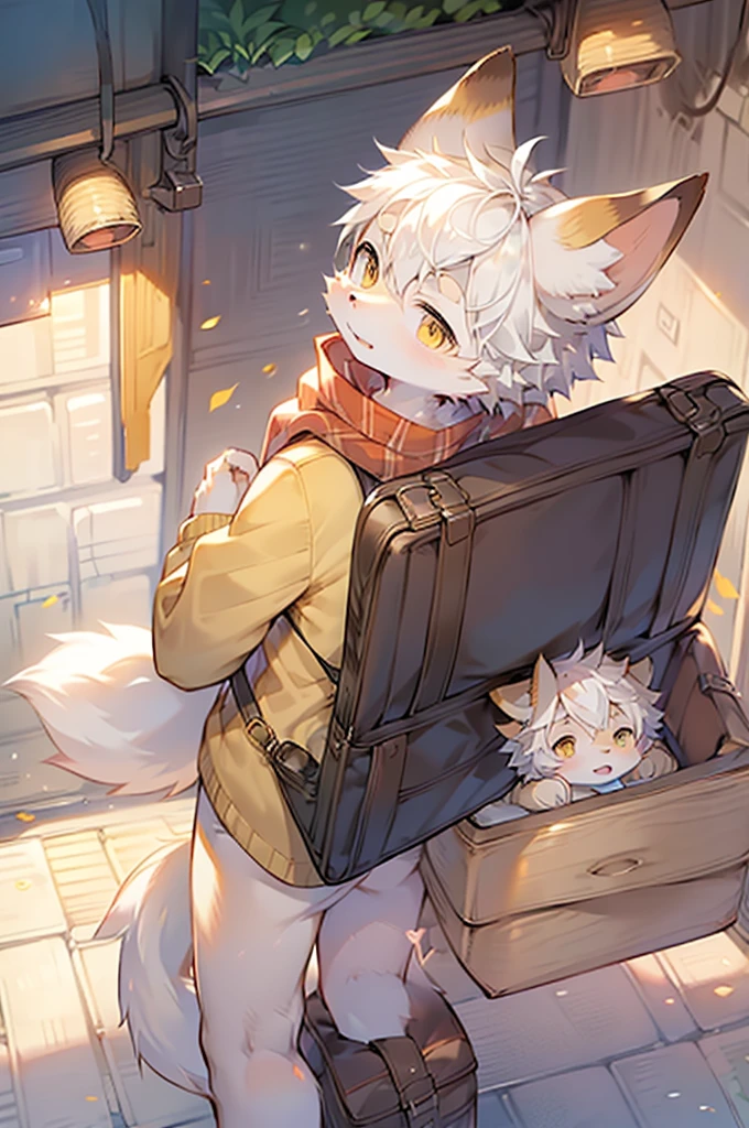 Fox Boy,Furry boys,In and chilracteristics,White hair,Yellow skin,White Arm,scarf,Uniforms,bag,After school,Lunch box
