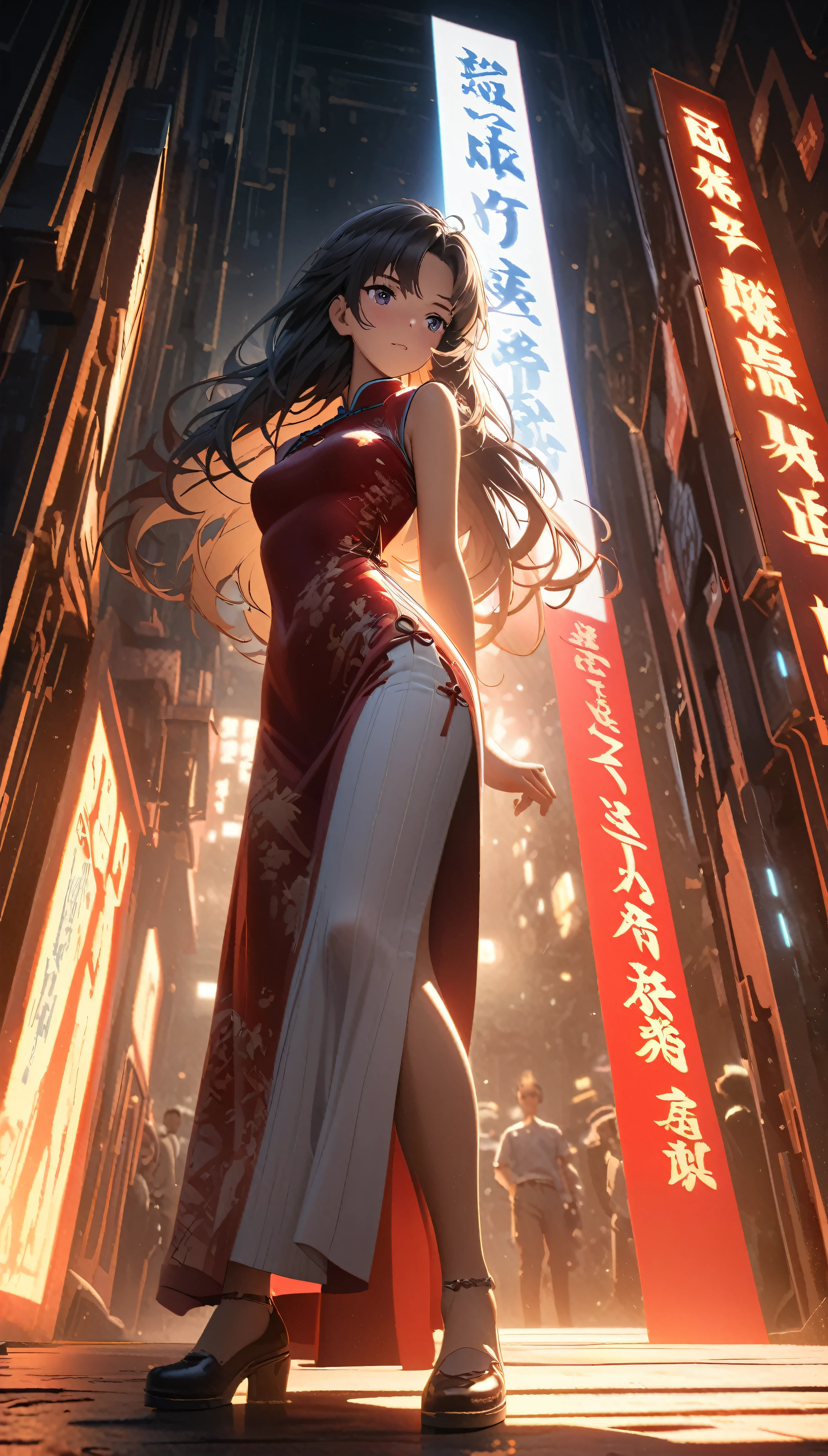 Cheongsam Girl,Long Hair,Pure white background,Depth of written boundary,Low angle view,Calf Level View,Overclocked Renderer,Cinema Lighting,Ultra-fine,Very detailed,complicated,Cinematic Perspective,CG Art,