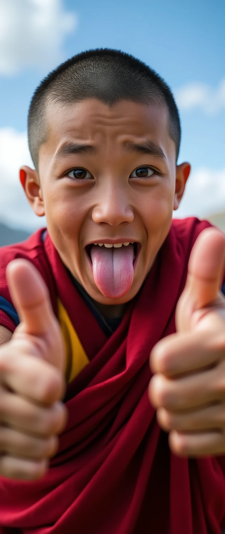 (masterpiece:1.2,Exceptional Quality,mirror-like,Cinematic Experience,Photorealistic:2.0,RAW Photos:2.0),8k,wallpaper,1 male,Tibetan Boy,smile,(Stick your tongue out a little:2.0),(Detailed face:2.0,Cute eyes:2.0),(Tibetan tongue-out greeting:2.0),Shooting outside,Clear skies,(Thumbs up:2.0)