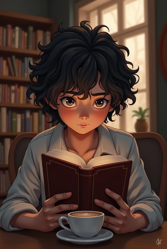 Dark brown curly haired ager in a library reading the Bible drinking a cappuccino