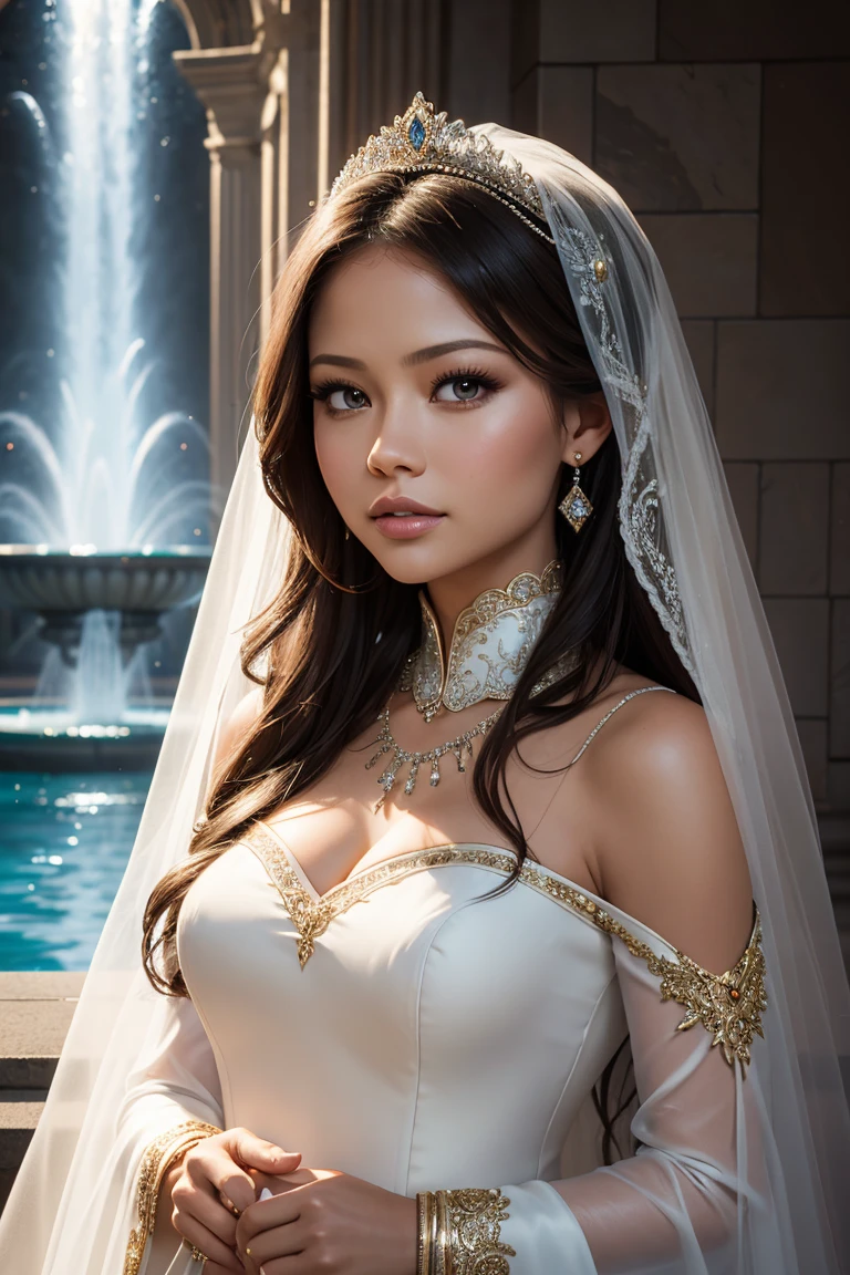 36k, Vanessa Lachey portrait, Bridal tiara outfit with veil, Fountain background, Portraits, 7 9 9 0 seconds, Long Hair, Complex, elegant, Very detailed, Digital Painting, artステーション, コンセプトart, Smooth, Sharp focus, figure, art:WLOP, Charlie Bowter and Alexandra Fomina