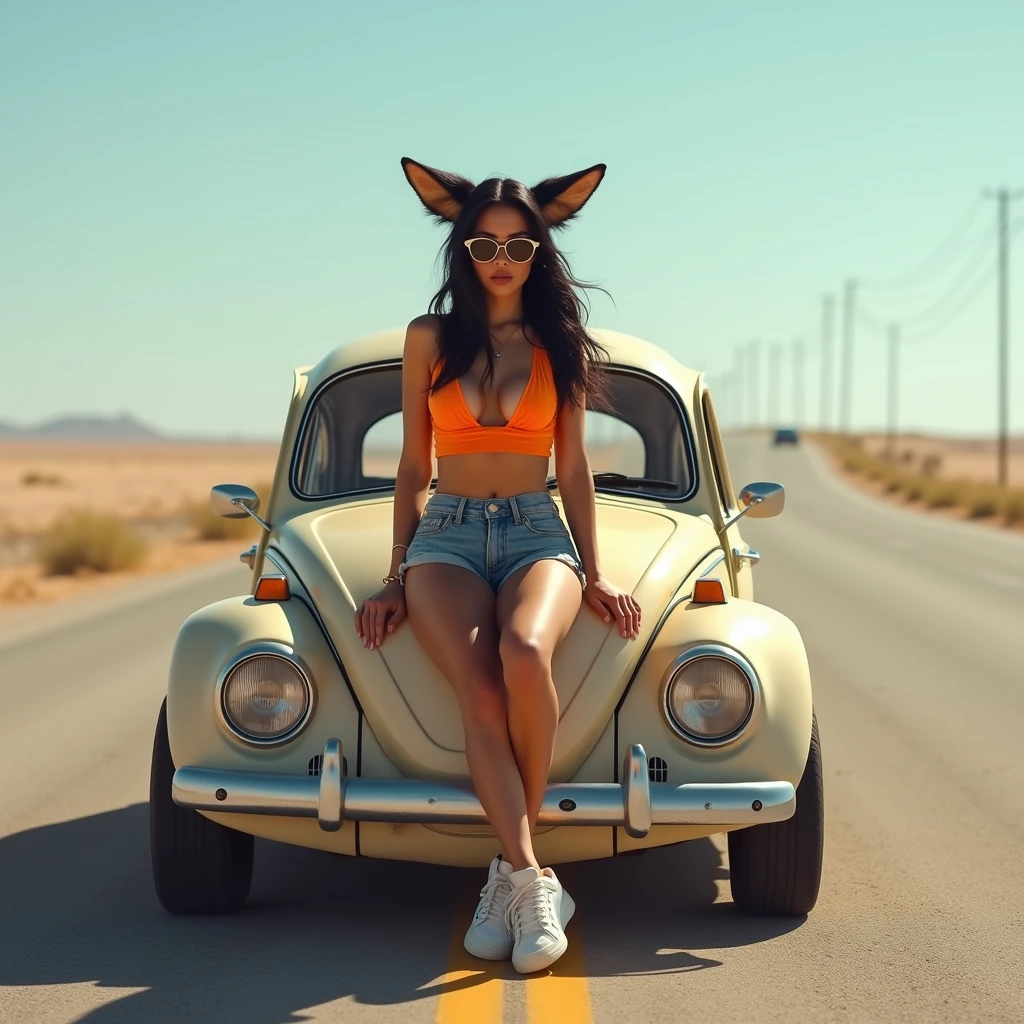 Brunette woman black hair twin tails, huge topless breasts, athletic legs, fox ears, blue denim shorts, orange bra, aviator sunglasses, Adidas sneakers, sitting on a vw car in the middle of the desert road 