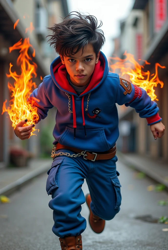 , latin, brown eyes, deep and cute eyes, royal blue hoodie, the hoodie hood is red into, right demon arm, right arm on flames, japanese street style, belt with a blue and red ying yang, chains around the belt, athletic, magic powers, action, cunning look, leather brown boots with metal pins, black cat nails, hero, full body, running hero pose, royal blue cargo pants, adult gohan hair, long sideburns