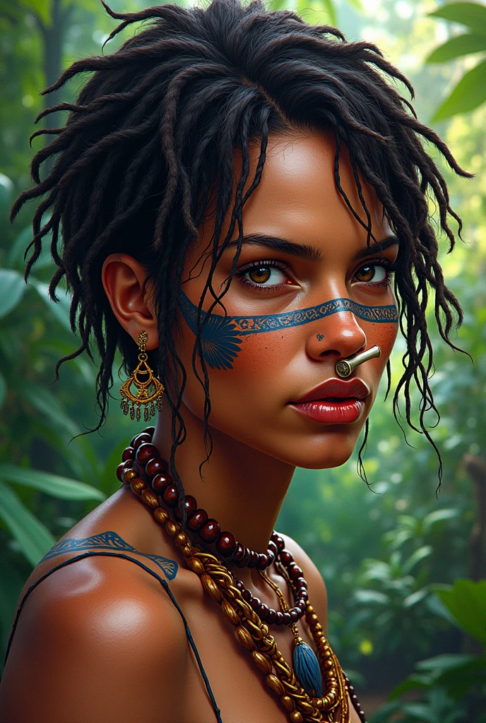 Portrait of a wild indigenous woman with a tattoo on her face and a bone going through her nose like a piercing, cheveux court avec des locks dans la jungle peinture coloré