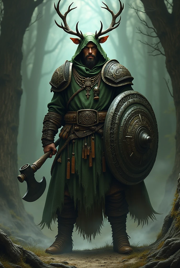 Create me a character for Dungeons and Dragons, a person in the role of a shaman. The character is 30 years, large, with a coat and a hood with deer antlers on the hood. No beard and a young face. In his hand an axe. Als Rüstung trägt er largee Schulter Platten aus Schwarzem Holz. Dazu ein largeer Schild in der linken Hand. With a dark green leather armor