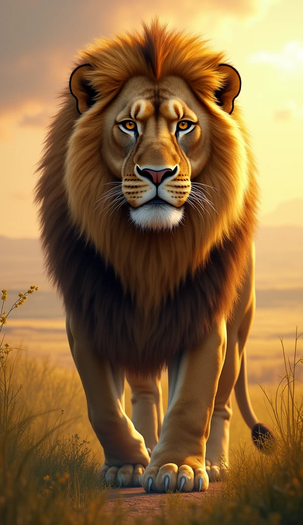 Subject: A majestic lionDetails: The lion should be depicted in its natural habitat with a focus on its powerful build and mane. The image should capture the lion’s regal presence, highlighting its golden fur, sharp eyes, and strong physique.Background: A savannah or grassland scene, with a clear view of the lion in the foreground.