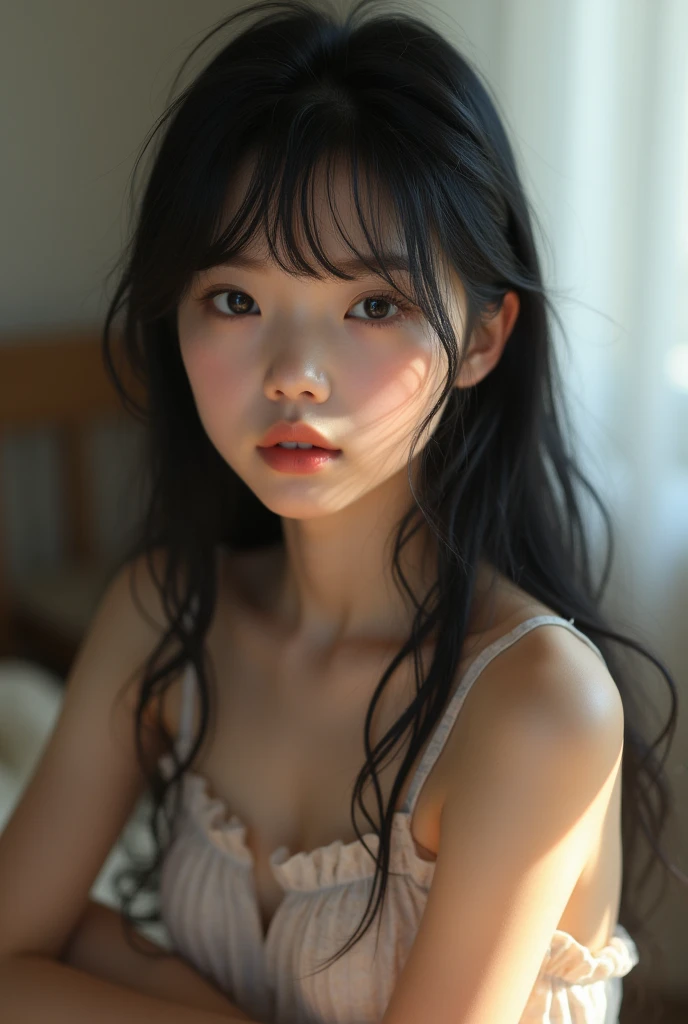 Tabletop, Highest quality, 8k, 1, , RAW Photos, Absurd, Award-winning portrait, smile, (One girl), Idol's face, Delicate, Digital SLR, View your viewers, Frank, Sophisticated,Thin arms, Professional Lighting, Film Grain, chromatic aberration, (Eye and facial details:1.0), (Bokeh:1.1) , (Princess:1.1) , Close your mouth , Black-haired , drooping eyes,Baby Face,Height is 155cm,Japanese