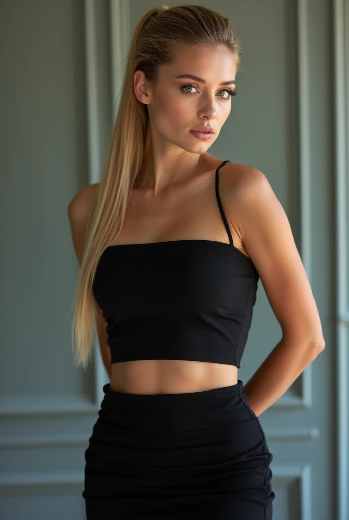 A very realistic and detailed photo of italian woman,tight black skirt, perfect makeup, long straight sleek blonde hair, high quality photo 4k, very detailed, perfect fit, looking at the camera, detailed realistic face, detailed almond eyes, confident, perfect ponytail 
