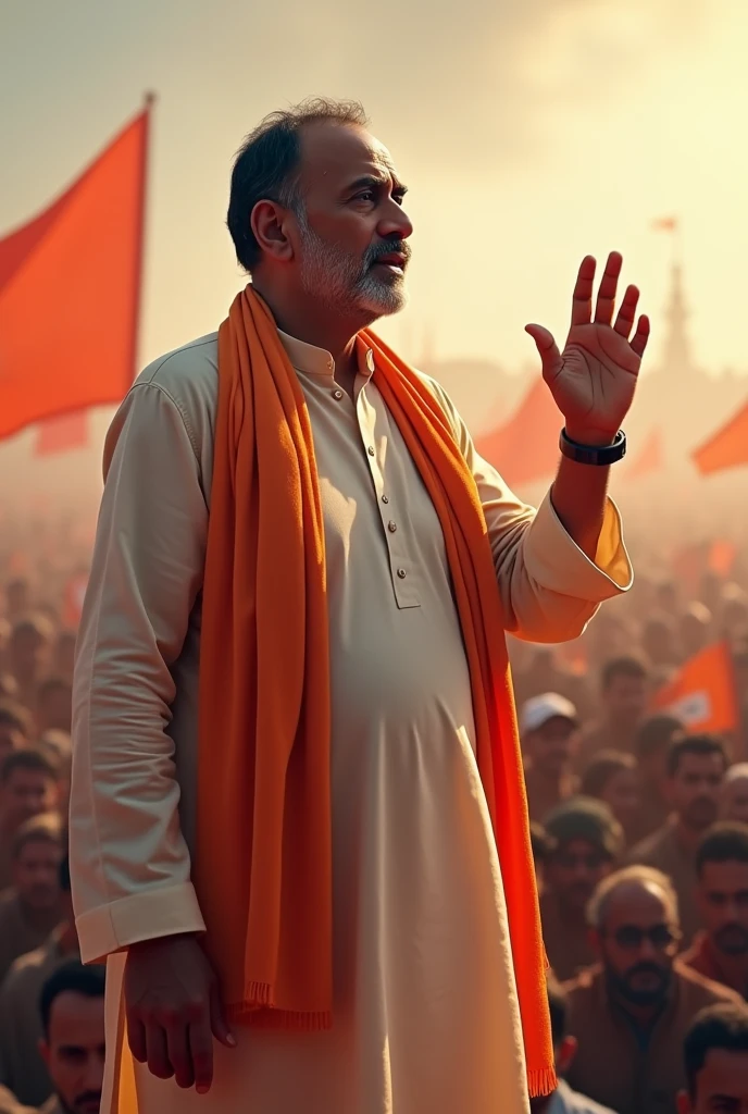 
"Uddhav Thackeray, the former Chief Minister of Maharashtra, is standing on a stage, delivering a powerful speech. He is wearing his signature light-colored kurta-pajama with a shawl draped over one shoulder. His facial expression is intense and determined, emphasizing the importance of his words. The background shows a large crowd, symbolizing a political rally, with banners and flags waving. The lighting is focused on Thackeray, highlighting his presence as a leader. His hand is raised slightly, with fingers pointing forward, as if making a key point during his dialogue."

