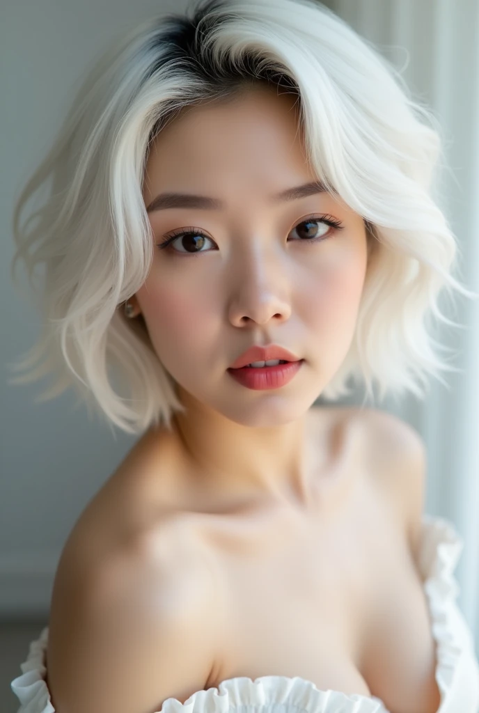 A Korean woman with short, white hair, a beautiful face showing her cleavage, wearing a casual outfit. The style of the picture is surreal, pastel tones, mid shot, dramatic lighting.
