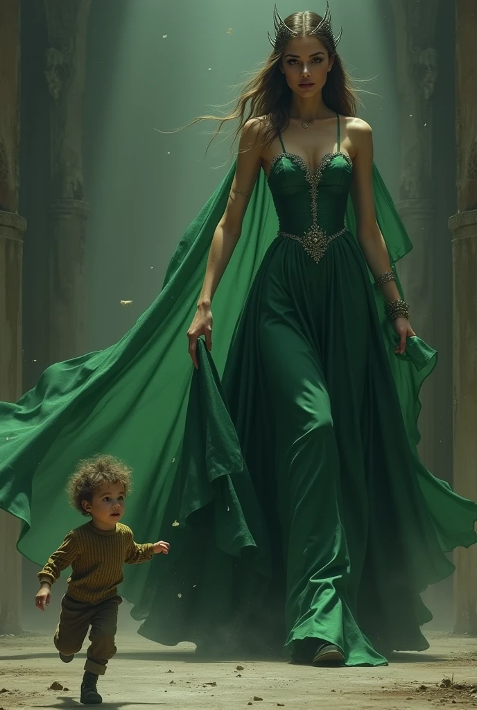 A tiny human runs from a giant green satin elegant wearing women