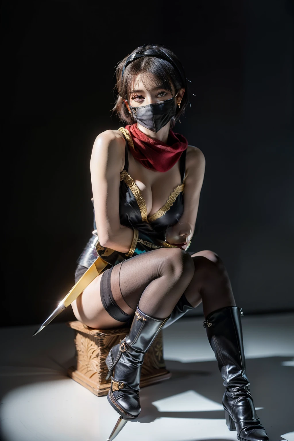(RAW shooting:1.2, Photoreal:1.5, 8k:1.2, highest quality:1.2, masterpiece:1.2, ultra high resolution:1.2), (perfect dynamic composition:1.2, Highly detailed skin and facial textures:1.2,beautiful and aesthetic:1.2, full body:1.2, Fair skin:1.2), (large breast:1.4, Chest gap:1.4), (perfect limbs:1.2), (perfect fingers:1.2),(1girl:1.2,tall:1.2,sexy:1.2,asian:1.2,glamour:1.2,makeup:1.2),(sitting:1.2,chair:1.2,legs together:1.2),(earrings:1.2),(ragnarok_ninja:1.2),(red ninja scarf:1.2),(black short hair cut:1.2),(hairband:1.2),(double eyelid:1.2),(sash:1.2),(dagger:1.5),(mask:1.5),(simple background:1.2),(thigh tights:1.2),(ninja boots:1.2),