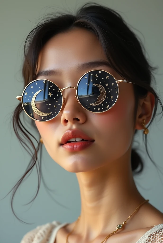The model is wearing glass sunglasses with stars and the moon on the glass