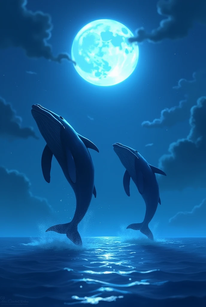Anime Meer, with a blue moon, where two blue whales jump out of the water