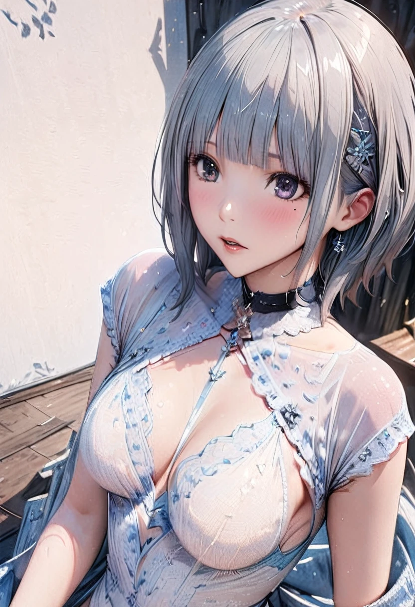 Masterpiece, Best Quality, Super Detailed, High Definition, Expensive Resolution, HDR, 4k, 8K, Unity 8k Wallpaper, Super Detailed CG, Masterpiece, Realistic, 2D, 3D, Beautiful Details, Depth, Fine Texture, Super Fine: 1.3, Complete concentration, crispy skin, him, very cute anime girl, high , expensive silver short hair, one girl, silver short hair, high , mole under the eye, gaze, expensive, blush,, parted Lips, hair ornament, heart, purple eyes, choker