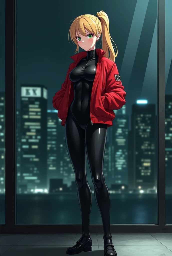 The image is anime style with shadows and dim lights, anime style although somewhat adult and dark, It shows a female android wearing a red jacket and black latex pants and suit., who appears to be 2, She has blonde hair tied back in a ponytail, with green eyes. with a face that shows determination, Has strong and robust thighs, Her beautiful feet are also covered in the suit. He stands in front of a glass wall looking out at the night city