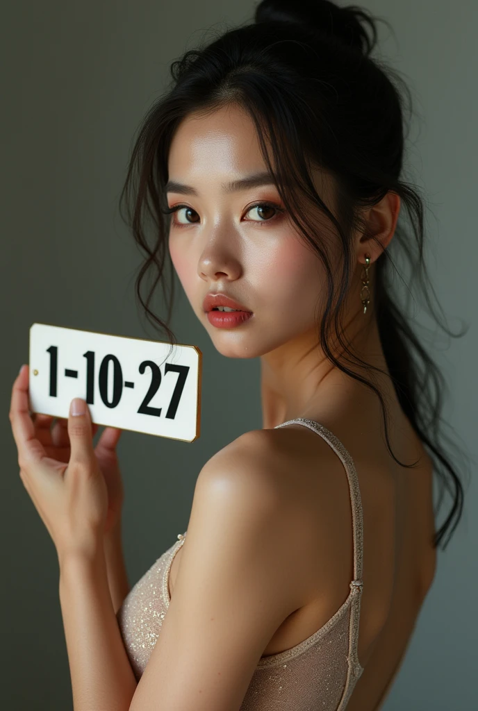 Asian Beauty,Ultra-fine skin texture,Sweaty body stockings,Holding a sign, The sign has "1-10-27" It says , Ultra-high-resolution photos