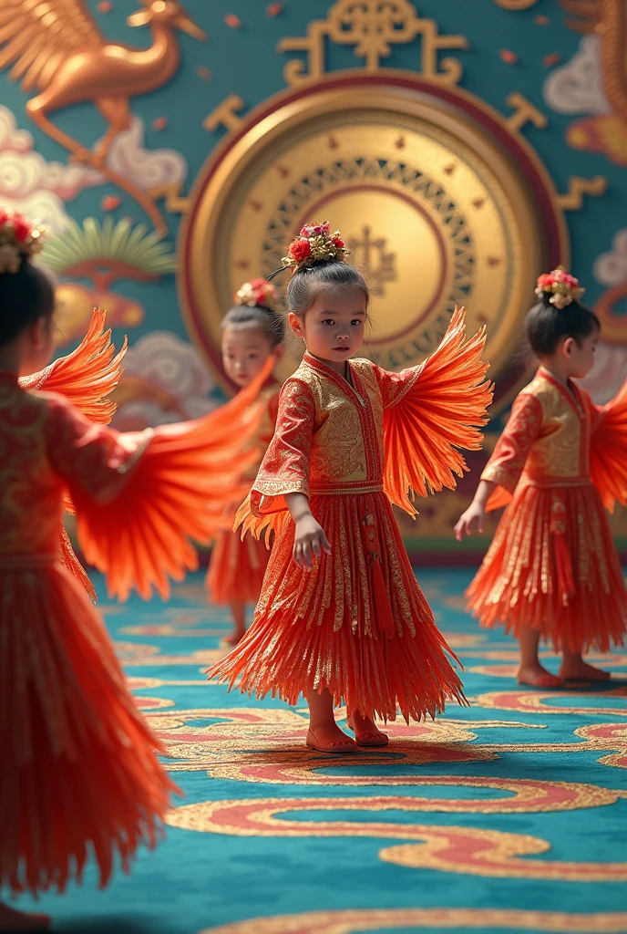 Phoenix Resurrection Dance、(One :1.2)、(Traditional Japanese Bugaku:1.4)、(Phoenix feather costume:1.2)、(Children wear costumes modeled after phoenix feathers and perform a dance symbolizing the phoenix&#39;s return from the underworld.)、The background is filled with a huge decorative pattern of a large drum.、The pattern is auspicious, with phoenixes and five-colored clouds.、中央は太鼓で金箔が貼られていて稚児の舞をdramaticに浮かび上がらせます、Please summarize the whole picture、dramatic、Photorealistic、