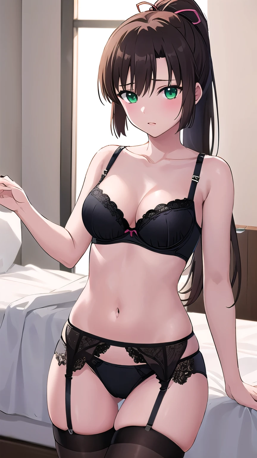 (masterpiece), (Highest quality), (Sayaka Kirasaka),  One girl, Green Eyes, Light in your eyes, Dark brown hair, ponytail, Hair Ribbon, (medium Breasts), (black see through bra), (black  Stockings), (black see through Panties), garter belt, Looking at the audience, cowboy shot, standing, indoor, bed room