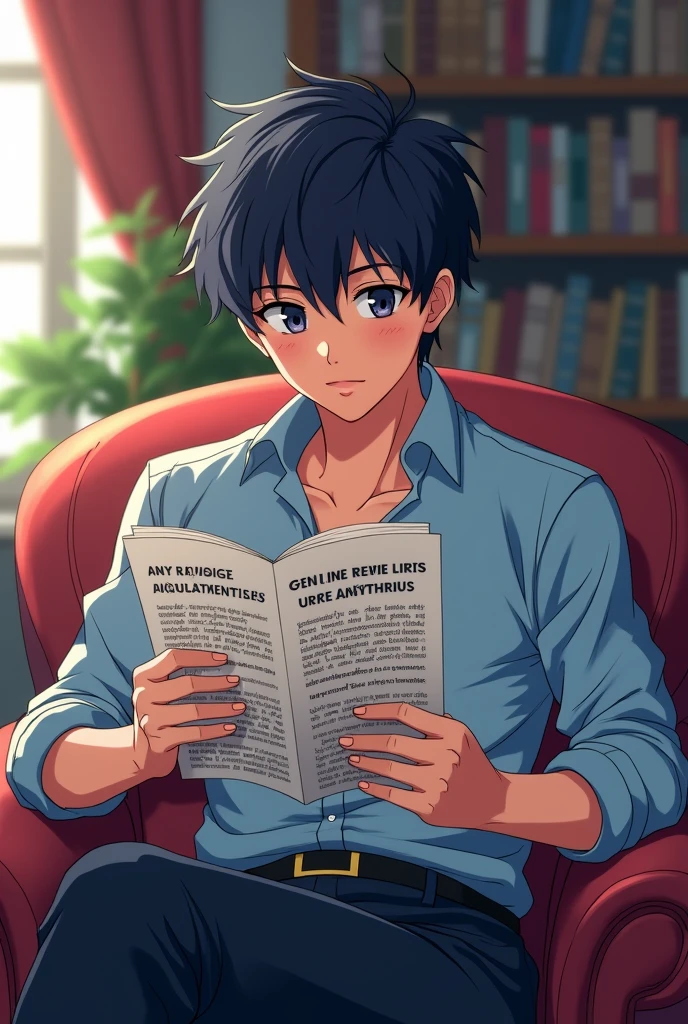 Create an anime man reading about a fake and real products article and he is comparing the fake and real products that he has