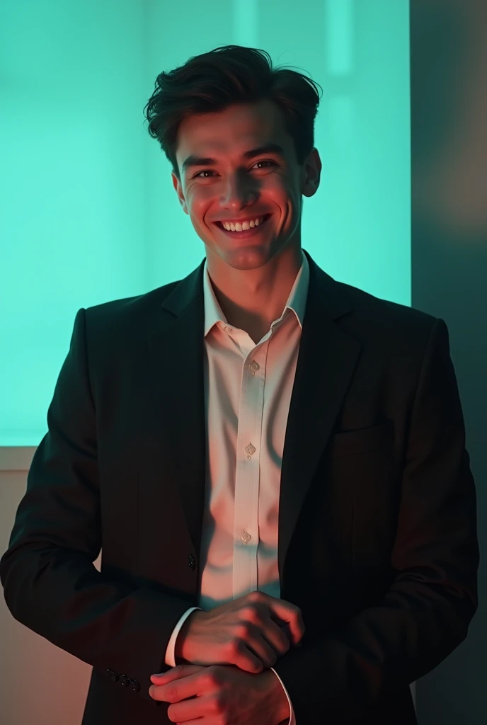 @💞It's Sakib💞:A young Man With Dark hair and a confident smile He is Dressed in a black blazer over a white shirt The man is positioned against aqua colour backdrop with a subtle red light