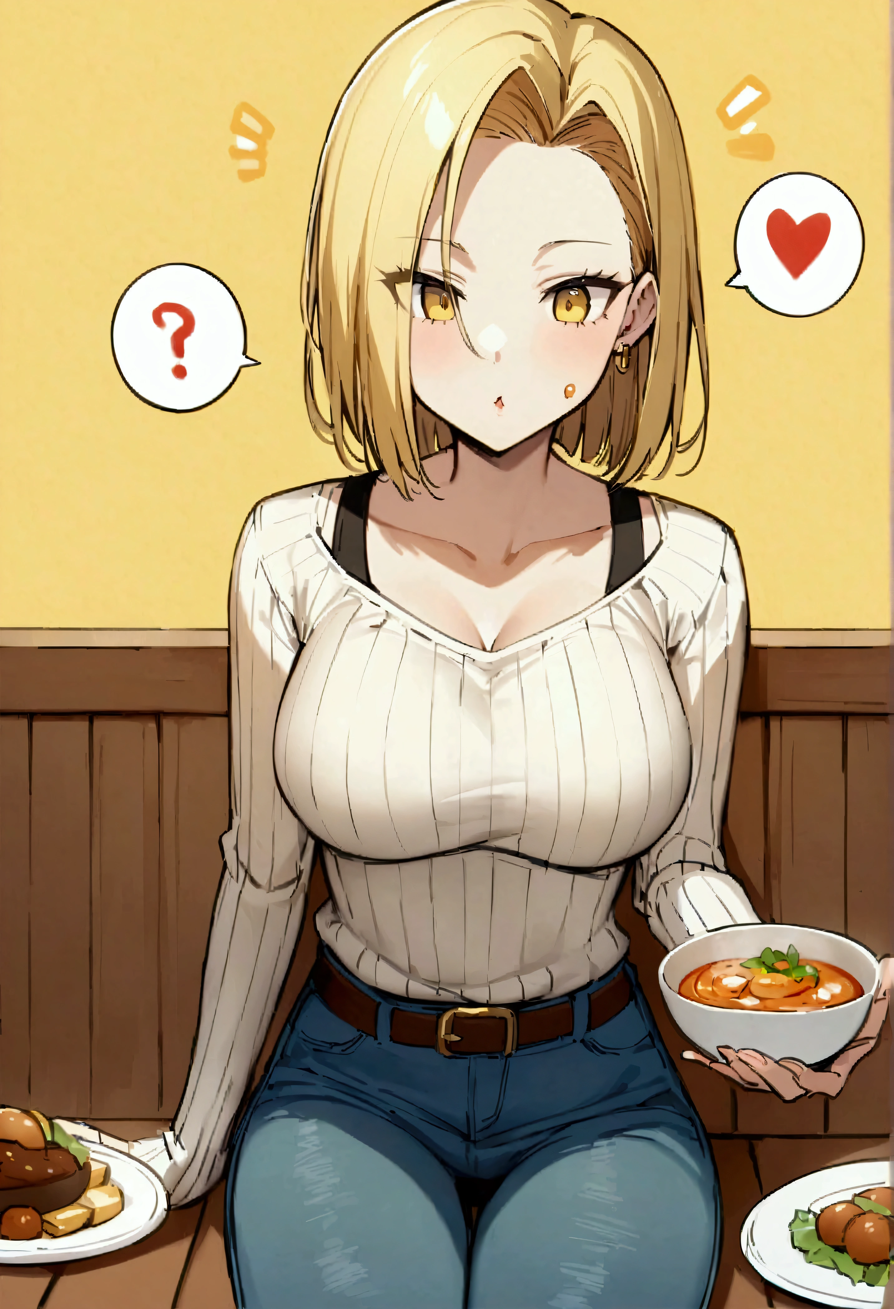 score_9、score_8_up、score_7_up、source_アニメ、High resolution、masterpiece、Highest quality、High resolution、Ys_Style、 1 person、Big Breasts、Android 18、short hair、Yellow background、During meals、Gazing at the audience、Food on face、Yellow Eyes、!、Simple Background、belt、pants、Long sleeve、denim、Have food、Sitting、Speech bubble、exclamation mark、shirt、stripe、jeans、clavicle