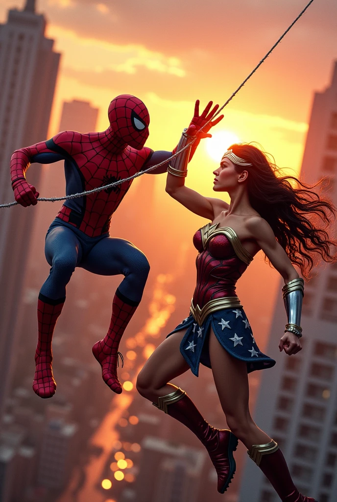 "Create a highly detailed, ultra-high-resolution 16K image featuring a dynamic clash between two iconic superheroes, one inspired by Spider-Man and the other by Wonder Woman. The scene should depict them in mid-action, with Spider-Man swinging on his web and Wonder Woman deflecting an attack with her bracelets. The background should feature a cityscape with towering skyscrapers, illuminated by a vibrant sunset. The image should emphasize fluid motion, powerful stances, and intense facial expressions, with natural lighting that enhances the rich, true-to-life colors and deep contrasts, ensuring every texture and detail is crisp and clear."