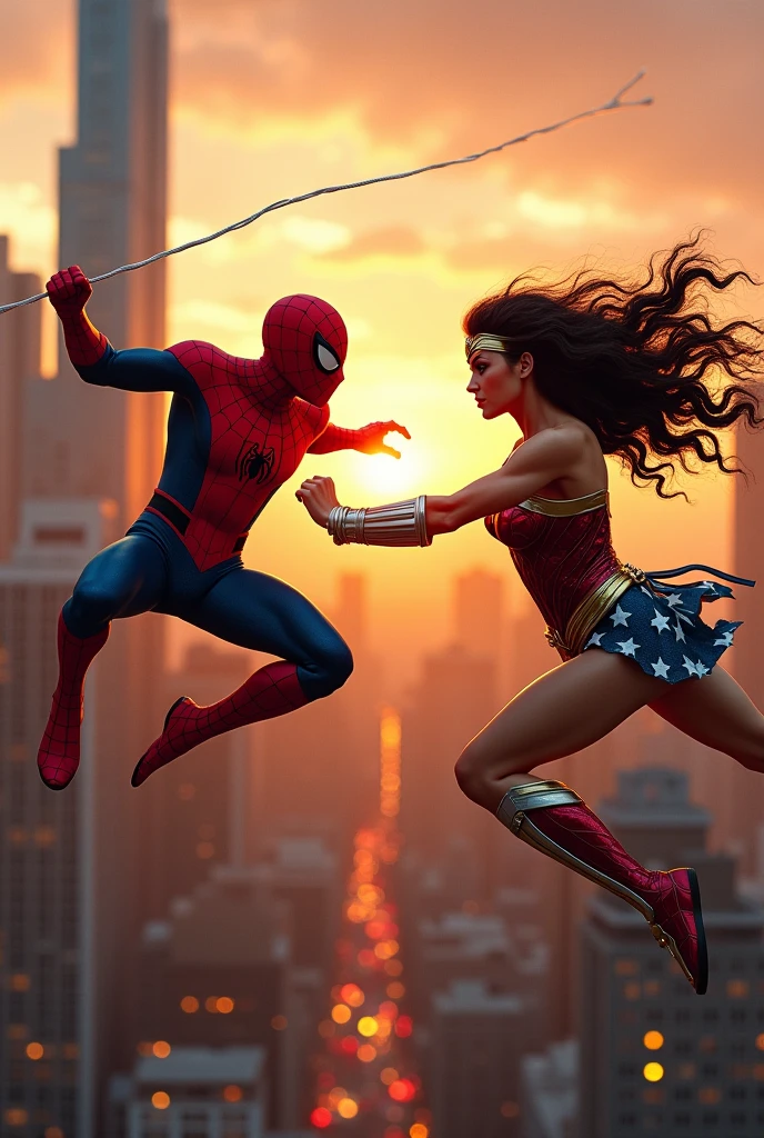 "Create a highly detailed, ultra-high-resolution 16K image featuring a dynamic clash between two iconic superheroes, one inspired by Spider-Man and the other by Wonder Woman. The scene should depict them in mid-action, with Spider-Man swinging on his web and Wonder Woman deflecting an attack with her bracelets. The background should feature a cityscape with towering skyscrapers, illuminated by a vibrant sunset. The image should emphasize fluid motion, powerful stances, and intense facial expressions, with natural lighting that enhances the rich, true-to-life colors and deep contrasts, ensuring every texture and detail is crisp and clear."