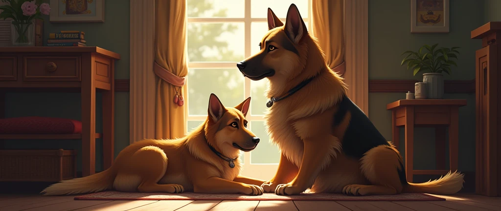 Dogs are watchful, they guard the door,  
Protecting you forevermore.  
They’ll sit beside you, close and near,  
Their love for you is crystal clear.