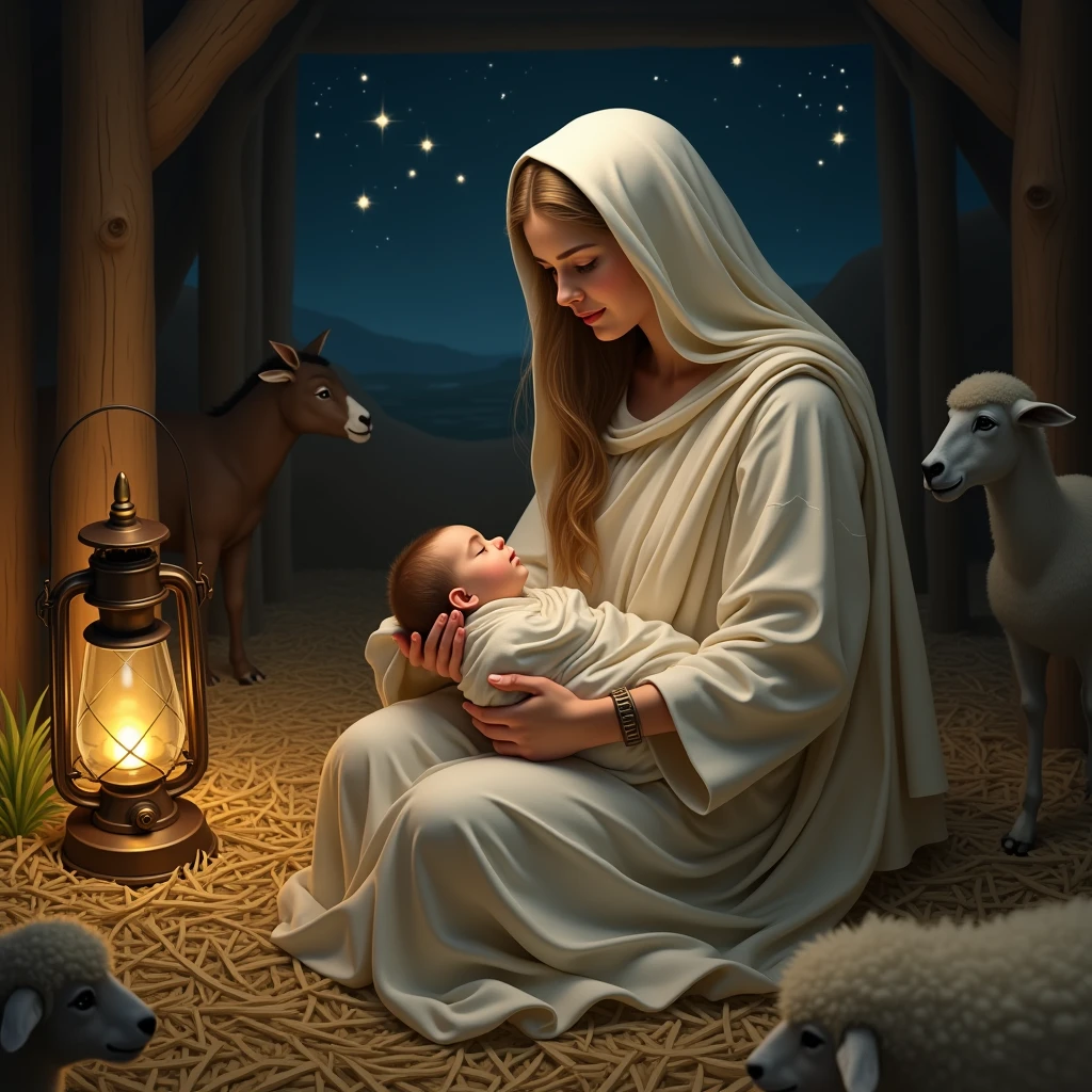 (Create an image of the Virgin Mary holding the newborn Jesus Christ in her arms. Mary should be depicted as a serene and gentle figure, dressed in simple, flowing robes, with a modest veil covering her head. She is sitting inside a humble stable, with soft straw beneath her and the warm glow of a lantern illuminating the scene. Baby Jesus rests peacefully in her arms, wrapped in swaddling clothes. The background should show the rustic interior of the stable, with a few animals like a donkey and sheep nearby. The scene is set during a quiet, starry night, with a soft, divine light shining down on Mary and Jesus, highlighting the sacredness of the moment.