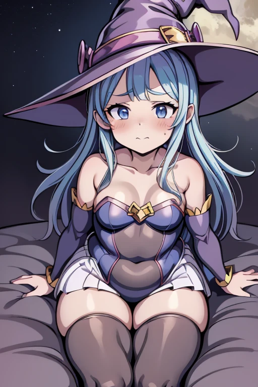 A 25 year old boy, a femboy, Long hair, green hair, Red eyes, eyes open in surprise, Skinny body, small cock, purple witch hat with silver details, sexy witch costume, blushing, expression of great sadness, very blushing, screaming in shame, covering the crotch, covering his penis, in a small wooden cabin, night window, it&#39;s a bright night, let it be at night, fireflies 