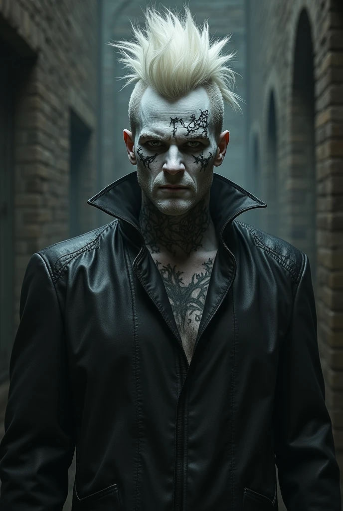 Man with Mohawk hairstyle + full face white paint and scary black Gothic art