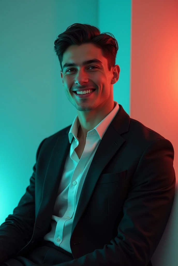 @💞It's Sakib💞:A young Man With Dark hair and a confident smile He is Dressed in a black blazer over a white shirt The man is positioned against aqua colour backdrop with a subtle red light