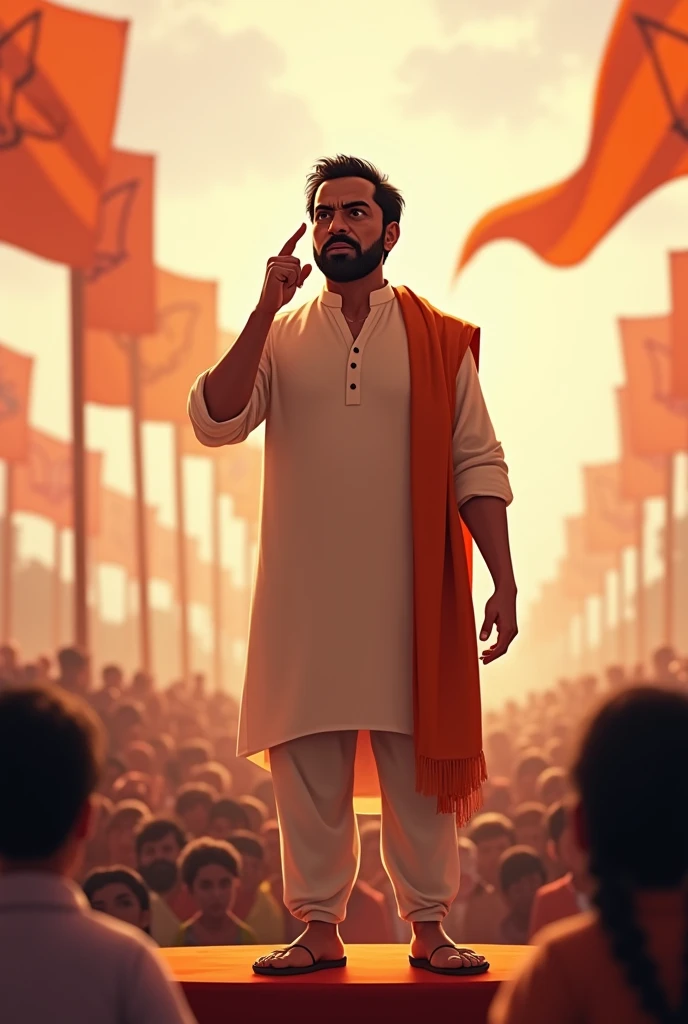"Uddhav Thackeray, the former Chief Minister of Maharashtra, is standing on a stage, delivering a powerful speech. He is wearing his signature light-colored kurta-pajama with a shawl draped over one shoulder. His facial expression is intense and determined, emphasizing the importance of his words. The background shows a large crowd, symbolizing a political rally, with banners and flags waving. The lighting is focused on Thackeray, highlighting his presence as a leader. His hand is raised slightly, with fingers pointing forward, as if making a key point during his dialogue."
Image in animation