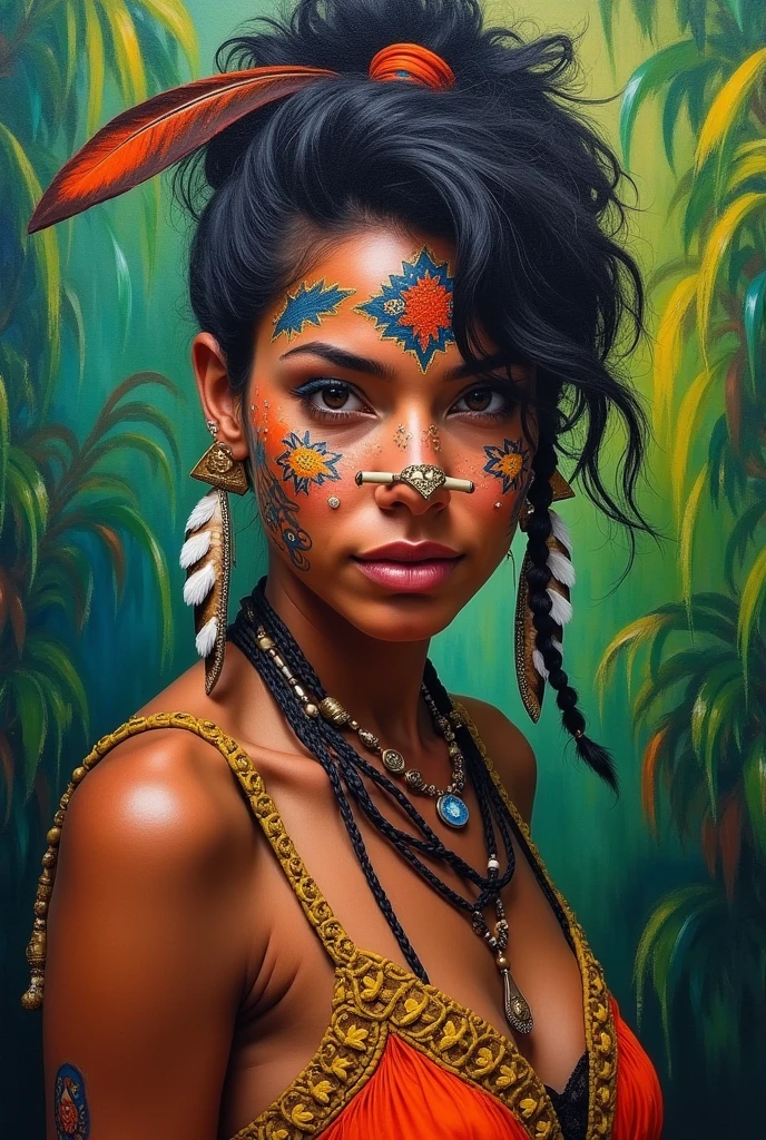 Portrait of a wild indigenous woman with a tattoo on her face and a bone going through her nose like a piercing, cheveux court avec des locks plume au oreilles dans la jungle peinture coloré