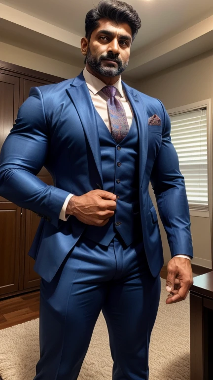 Handsome 40 years old Indian GURJAR man changing his formal suit in home, huge bulge, head to thigh, from front view, realistic, hd, hdr, detailed pictures, originality