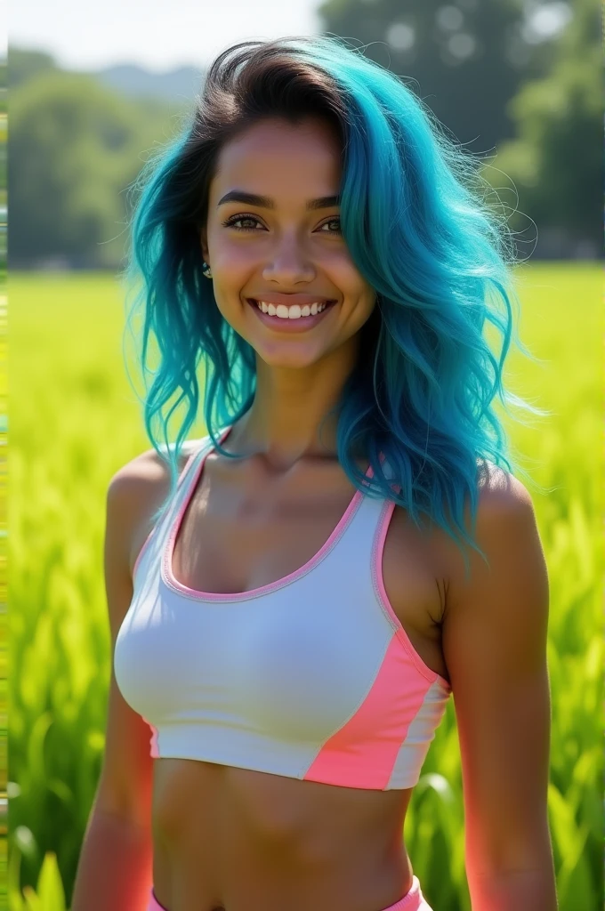 A photorealistic portrait of a -year-old Indian woman with fair skin and striking blue hair smiles confidently at the camera while dressed in a sporty athletic outfit, full body shot, 8k hdr, high detailed, lot of details, high quality. She stands in a sunlit green field, her expression is vibrant and energetic, capturing the essence of a bright, outdoor day."