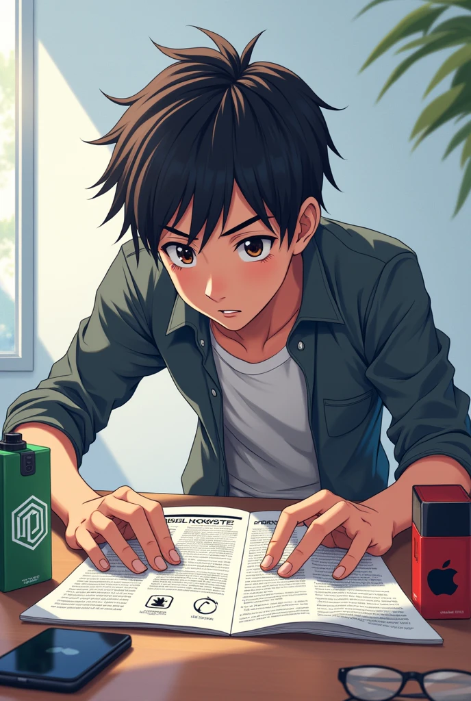 Create an anime man reading about a fake and real products article and he is comparing the fake and real products that he has on the table