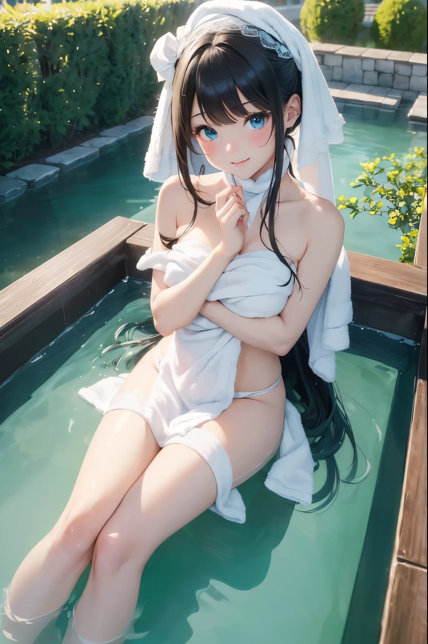 ((masterpiece)), ((highest quality、Ultra high definition)), (Very detailed),((8k、Photo quality))、((Amazingly cute girl))、(1 girl,)、Two people, , (Beautiful emerald blue eyes), ((smile)),((Ultra-luxury Japanese-style inn in Japan、A large open-air rock bath)), Beautifully arranged black hair in twin tails、Slim Body、(Cute little breasts)、(((A white bath towel is wrapped around her)))、Professional Lighting、(White lace knee-highore detailed and beautiful)、(More details and cutenesore realistic)、((Just wear light clothing))、Frolic in the pool、(Too cute)、(The embodiment of cuteness)、(Godly cuteness)、((Night view))、((You can barely see the top and bottom, but you can&#39;t.))、