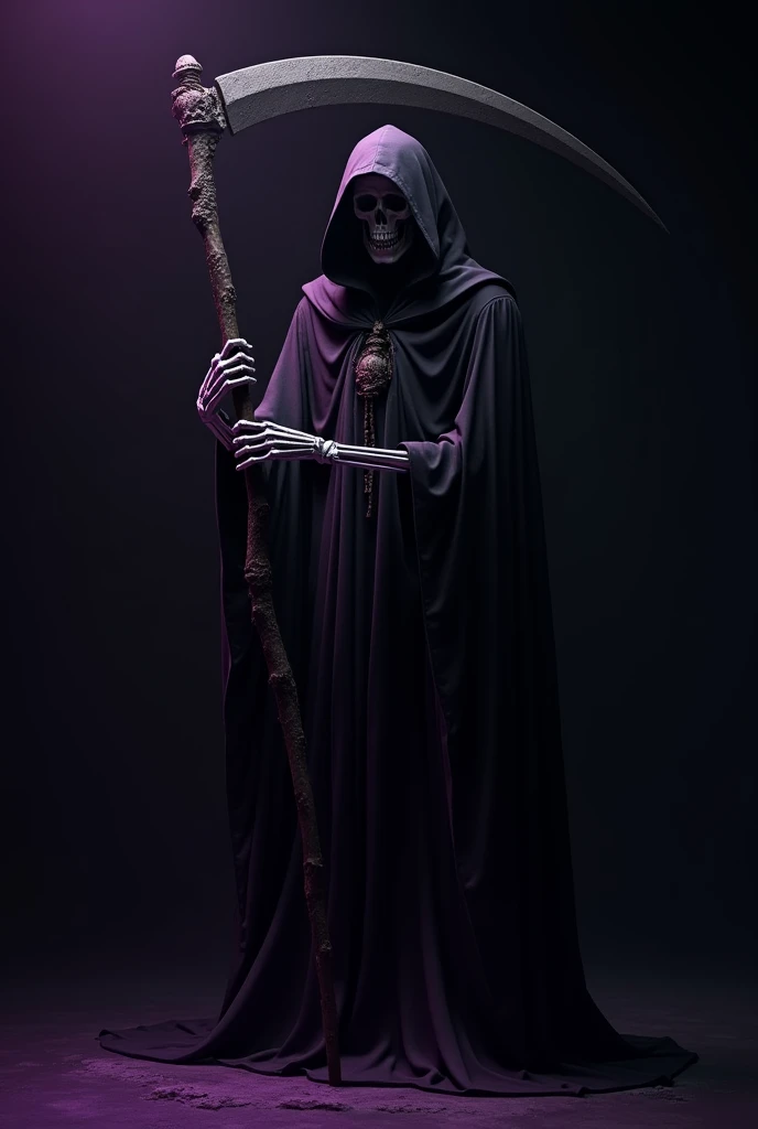 Dark hooded robe, bony hands holding a large scythe, black background with purple dim glows, skeleton figure is hidden, robe extending outwards, there is no white light, scythe blade very lonf