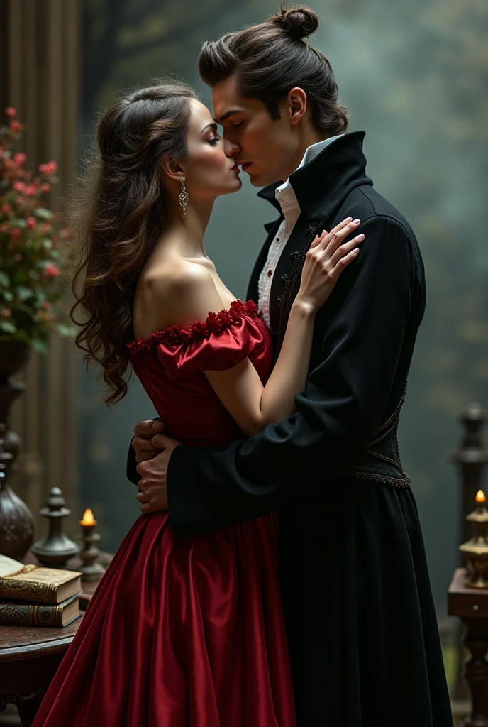 A Victorian couple, elegant, dark, Vampir, hold each other, dark aesthetic, Vampir aesthetic, book cover aesthetic, Kings close, book, 1721, 1700, Vampir, dark, book cover, book aesthetic, love, in love, Looking at each other. dark romance, dark romance 

Woman: Long hair, Curly, Brown hair, not much volume, English, Anthrazit dress, elegant, 23, 5&#39;5 inches, dark romance

Mann: black hair, shorth hair, black colored clothes, adel, 24, male characteristics, sharp jawline, green eyes, Welsh, 6&#39;0 inches, enemies to lovers