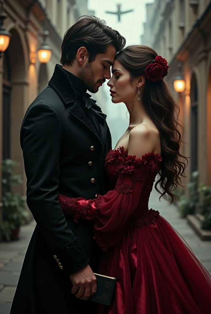A Victorian couple, elegant, dark, Vampir, hold each other, dark aesthetic, Vampir aesthetic, book cover aesthetic, Kings close, book, 1721, 1700, Vampir, dark, book cover, book aesthetic, love, in love, Looking at each other. dark romance, dark romance
Woman: Long hair, Curly, Brown hair, not much volume, English, Anthrazit dress, elegant, 23, 5'5 inches, dark romance
Mann: black hair, shorth hair, black colored clothes, adel, 24, male characteristics, sharp jawline, green eyes, Welsh, 6'0 inches, enemies to lovers