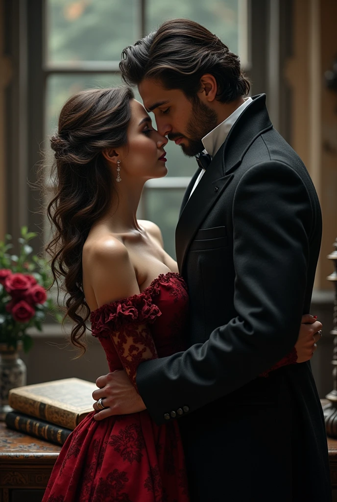 A Victorian couple, elegant, dark, Vampir, hold each other, dark aesthetic, Vampir aesthetic, book cover aesthetic, Kings close, book, 1721, 1700, Vampir, dark, book cover, book aesthetic, love, in love, Looking at each other. dark romance, dark romance 

Woman: Long hair, Curly, Brown hair, not much volume, English, Anthrazit dress, elegant, 23, 5&#39;5 inches, dark romance

Mann: black hair, shorth hair, black colored clothes, adel, 24, male characteristics, sharp jawline, green eyes, Welsh, 6&#39;0 inches, enemies to lovers