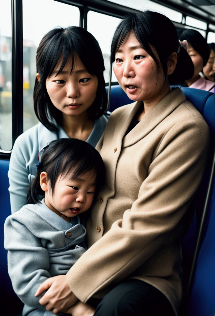 Japanese mother and baby crying on bus