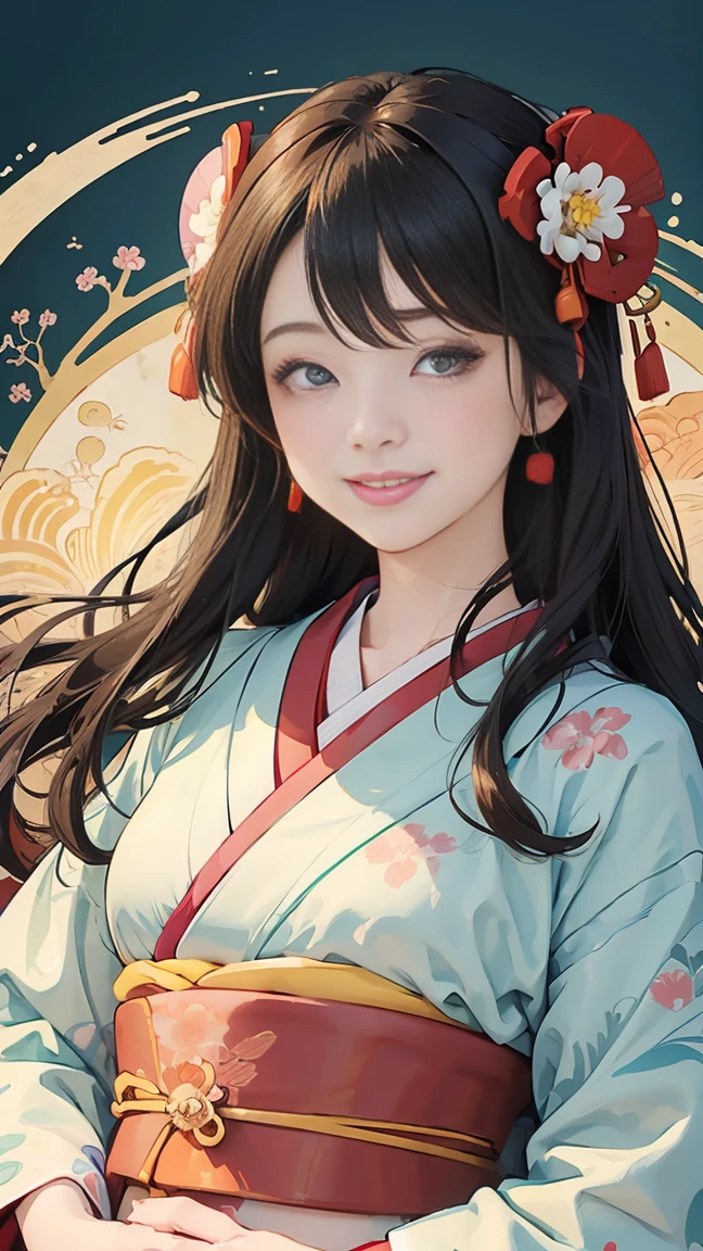 (SeaArt creates stunning illustrations of beautiful women in kimono)、Vividly colored Japanese Ukiyo-e style illustrations、A beautiful woman smiles and shows her upper white teeth、Brown-black long hair、Beautiful full body style、Let&#39;s dance a little Tokyo Ondo Yoiyoi、Beautiful new digital paintings,、Bright vibrant digital anime art、 Detailed digital anime art、 Beautiful anime portraits、background、Torii gate of the Japan shrine、Detailed CG、