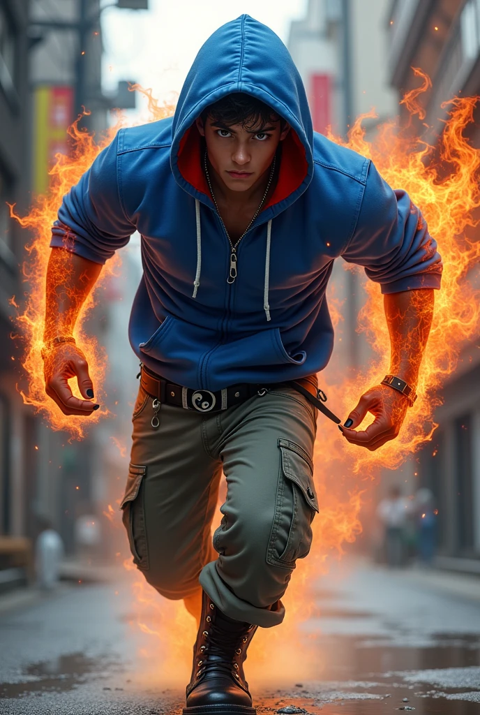 Boy age 20, latin, brown eyes, deep and cute eyes, royal blue hoodie, the hoodie hood is red into, royal blue cargo pants, the right demon arm, the right arm on flames, street japanese style, belt with a blue and red ying yang, chains around the belt, athletic, magic powers, action, cunning look, leather brown boots with metal pins, black cat nails, hero, full body, running hero pose, adult gohan hair, long sideburns