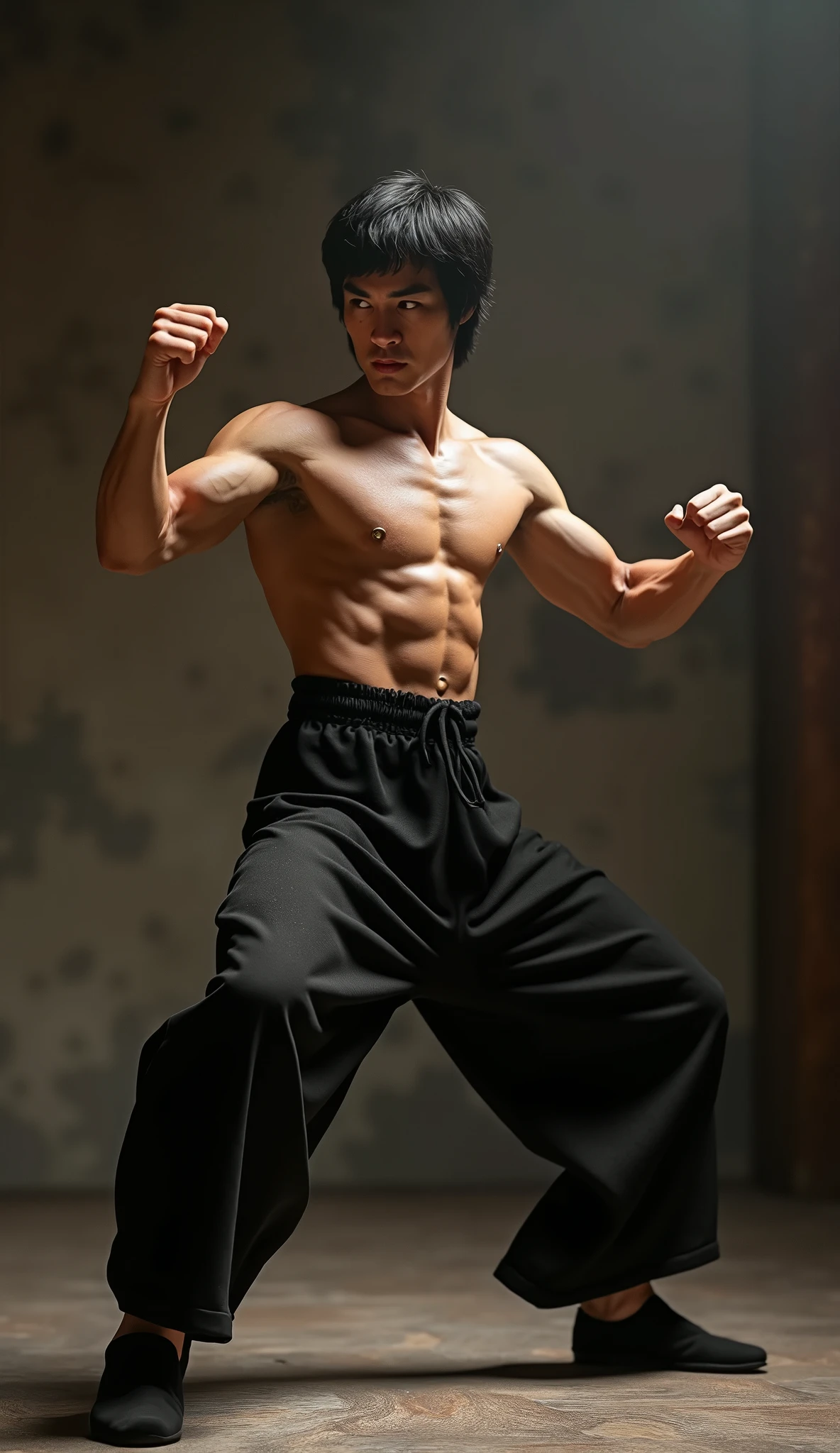 photorealistic, 8k, hyperrealistic, a Bruce Lee in a fighting stance, muscular male body, shirtless, wearing black trousers and black kungfu shoes, highly detailed face, intense expression, dramatic lighting, cinematic composition, chiaroscuro, dramatic shadows, photographic realism