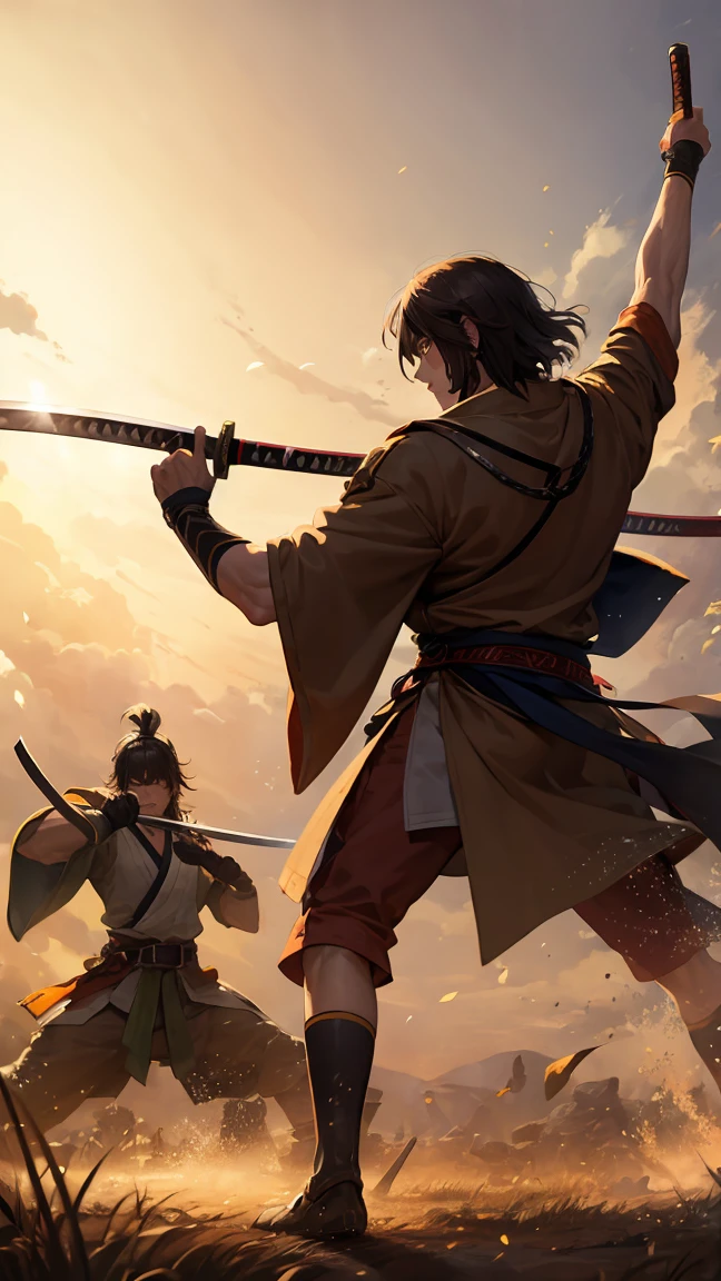 warriors in sengoku period, wielding katanas, defeat enemy, on a battlefield