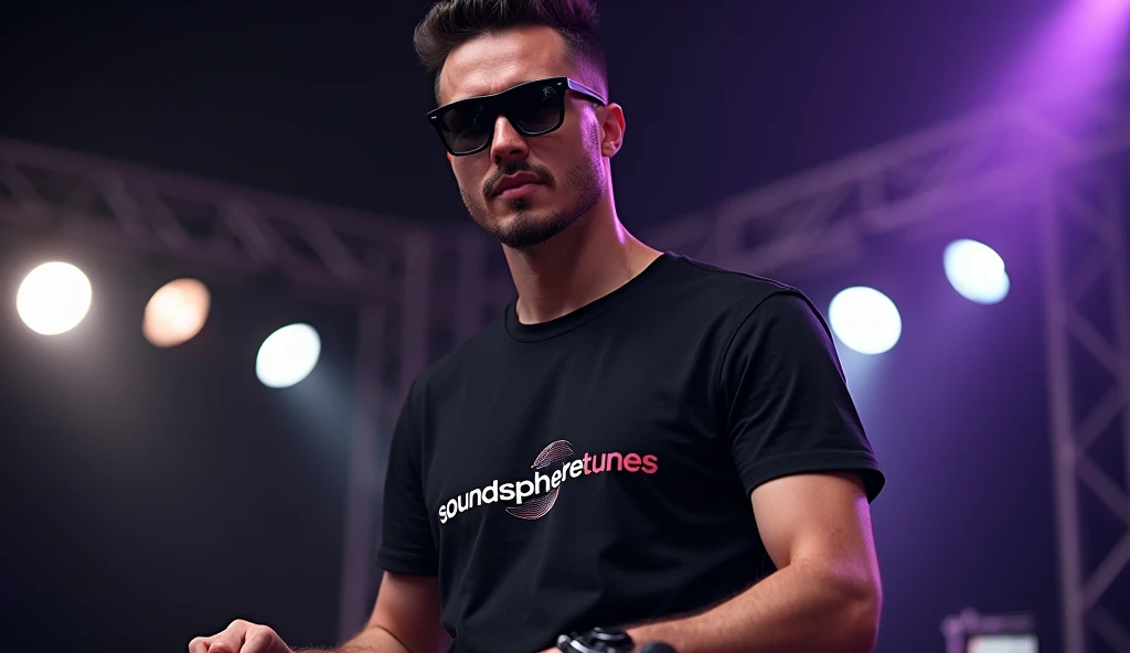 A man DJ  wearing sunglasses and a black T-shirt that reads SoundSphereTunes, looks straight ahead